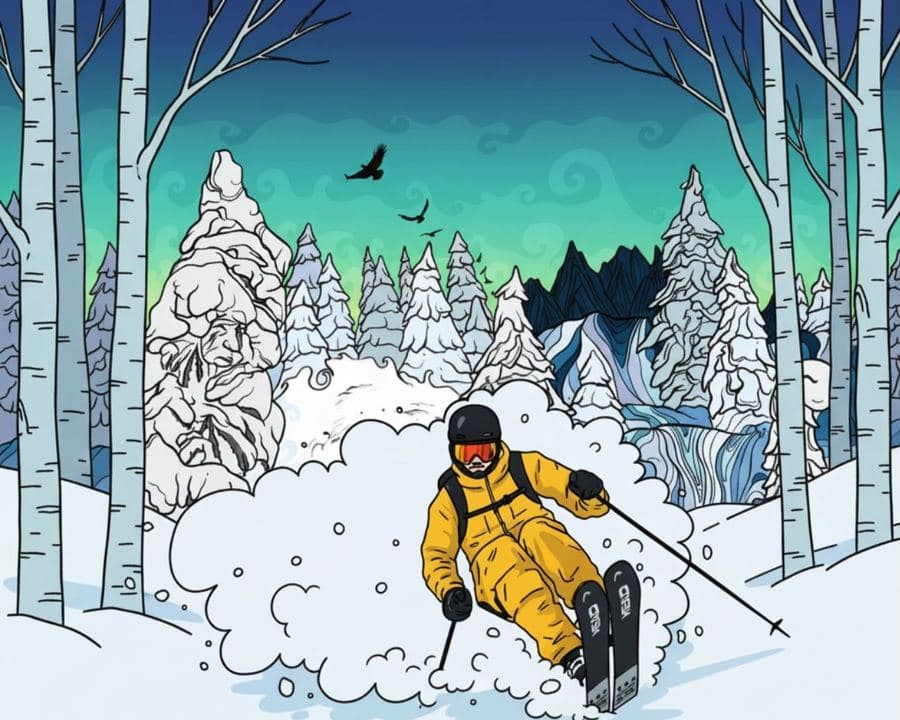 Illustration of a skier in yellow carving through deep powder among birch trees
