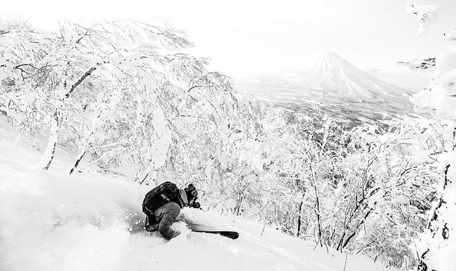 A skier in powder among snow-covered trees in Japan